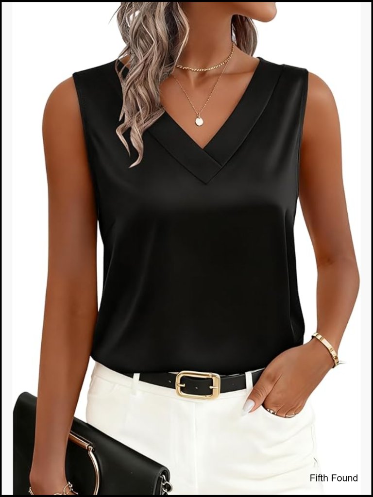 Silk Satin V-Neck Tank Top Sleeveless Casual Business Blouse Dressy Summer Shirt